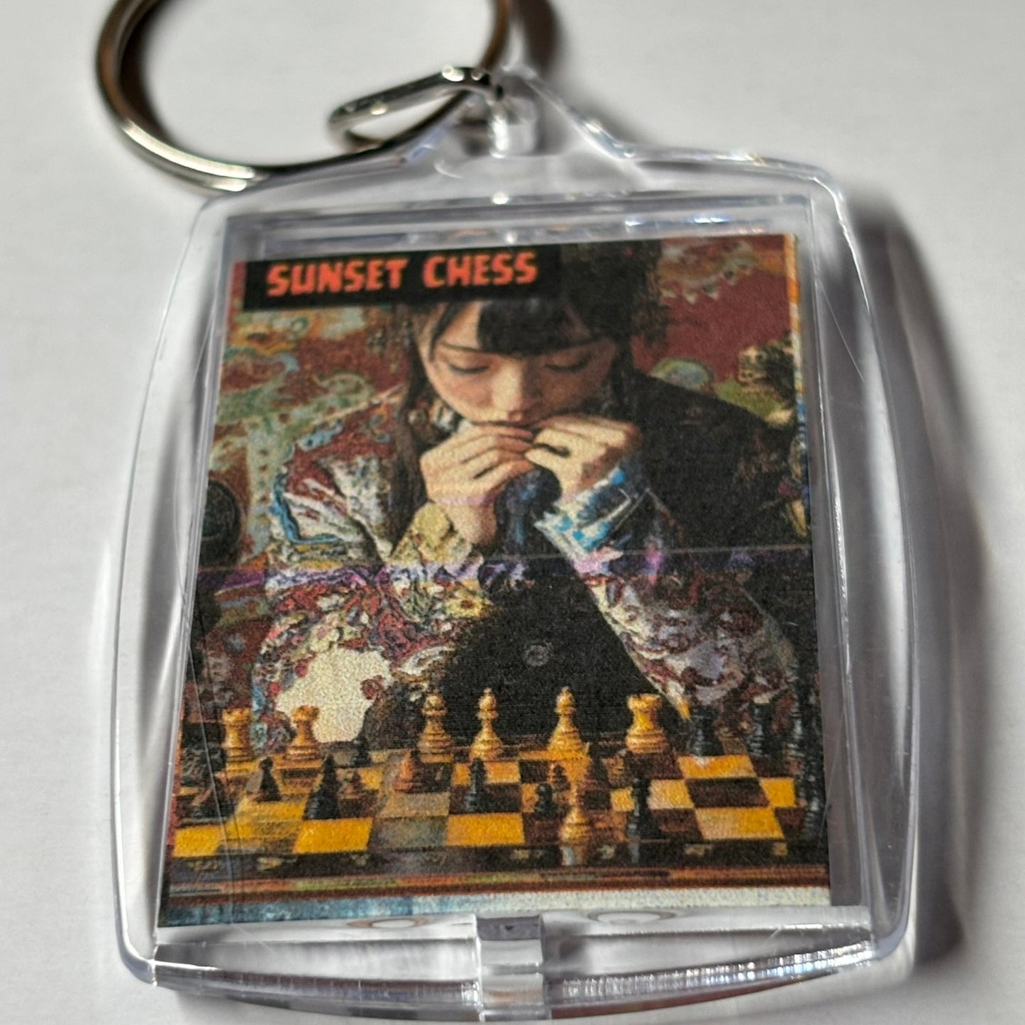 Asian Woman Plays Chess - Sunset Chess Photo Keychain