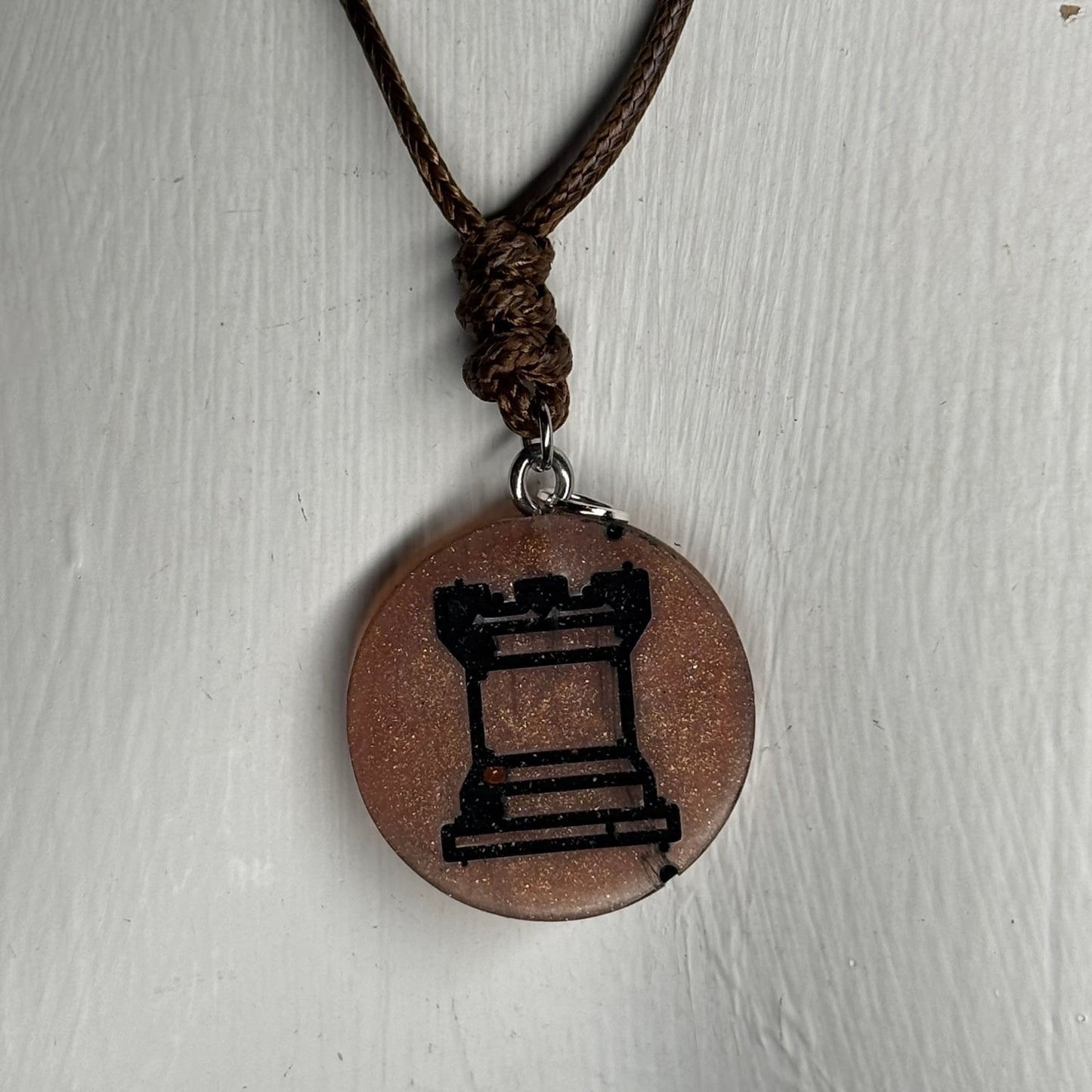 Amber Brown Rook - Handmade Resin Chess Necklace