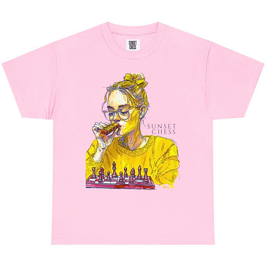 Yellow Woman Playing Chess - Pink Edition - Unisex Heavy Cotton Tee