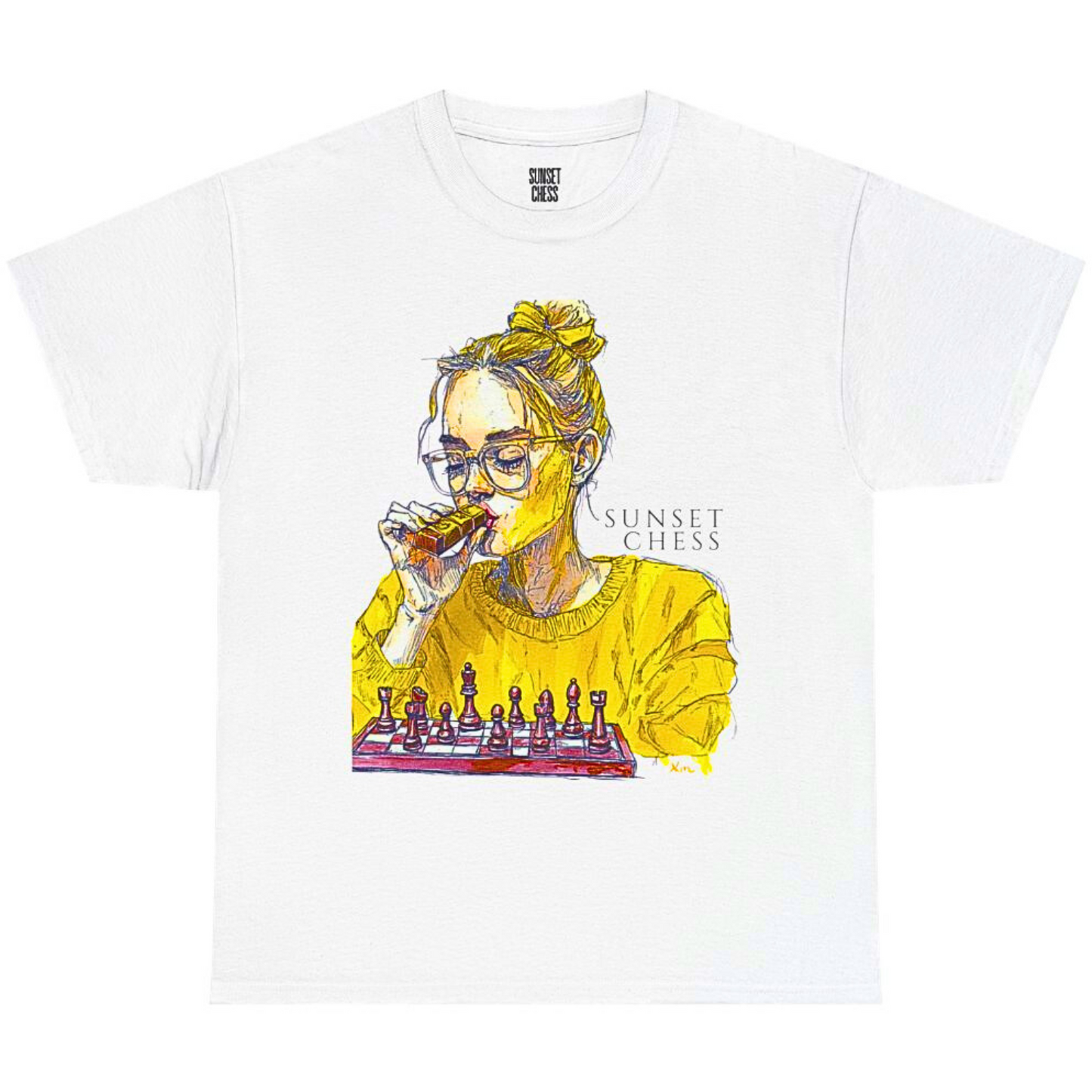 Yellow Woman Playing Chess - Unisex Heavy Cotton Tee