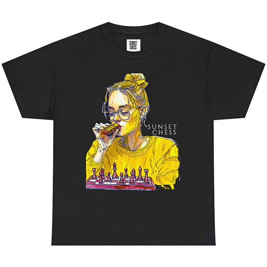 Yellow Woman Playing Chess - Black Edition - Unisex Heavy Cotton Tee