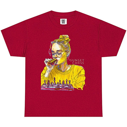 Yellow Woman Playing Chess- Red Edition - Unisex Heavy Cotton Tee