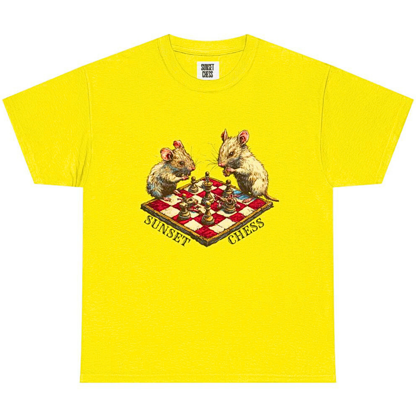 Rats Playing Chess - Lime Yellow Tee - Unisex Heavy Cotton Tee