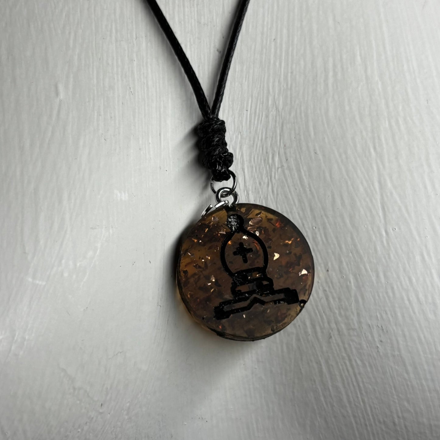 Dark Amber Bishop - Handmade Resin Chess Necklace