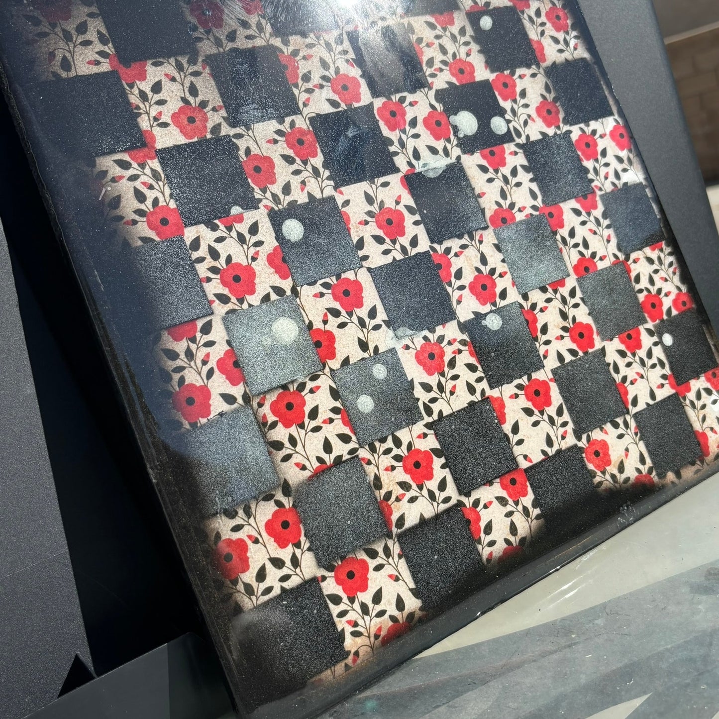 Red Flowers - Resin Coated Chess Board