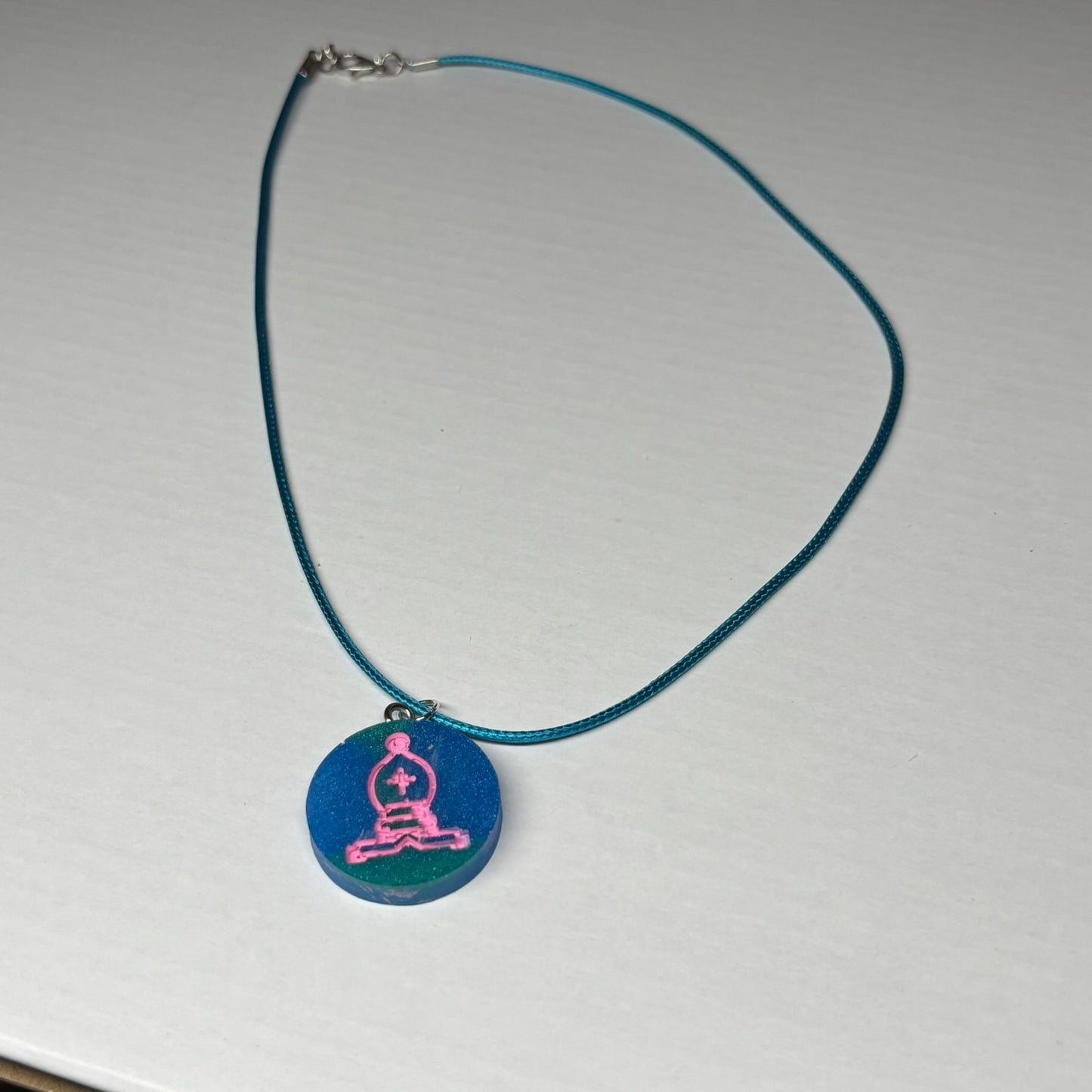 Blue & Pink Bishop - Handmade Resin Chess Necklace