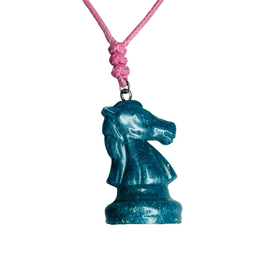 Sparkle Blue Knight - Handmade Resin Chess Necklace