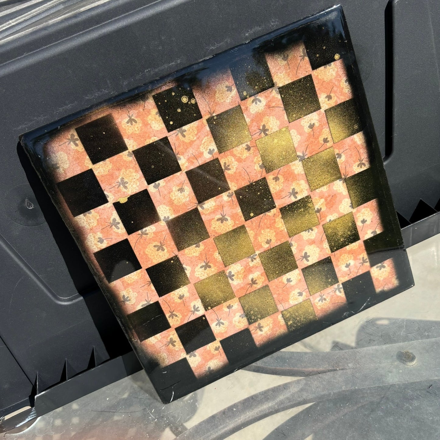 Orange Gold Flowers - Resin Coated Chess Board
