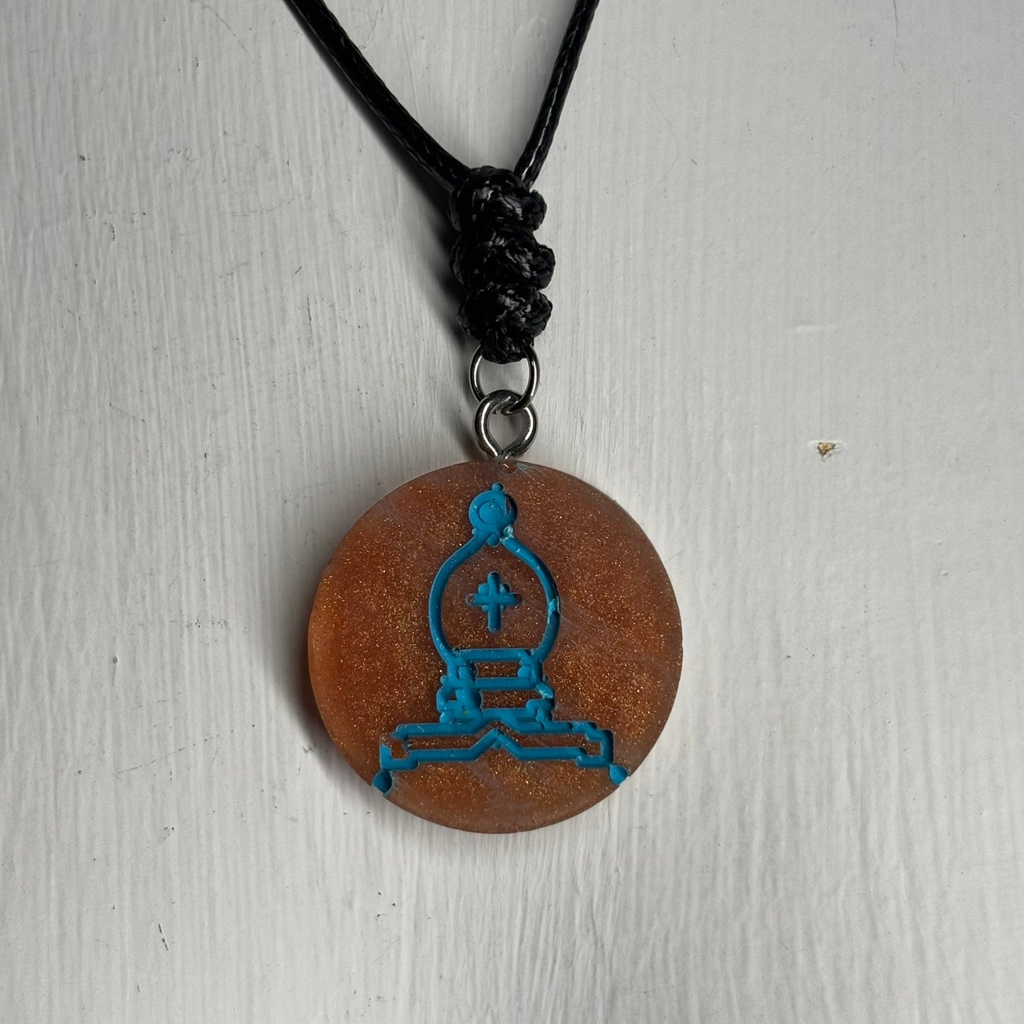 Blue Flamed Bishop - Handmade Resin Chess Necklace - Flat Edition