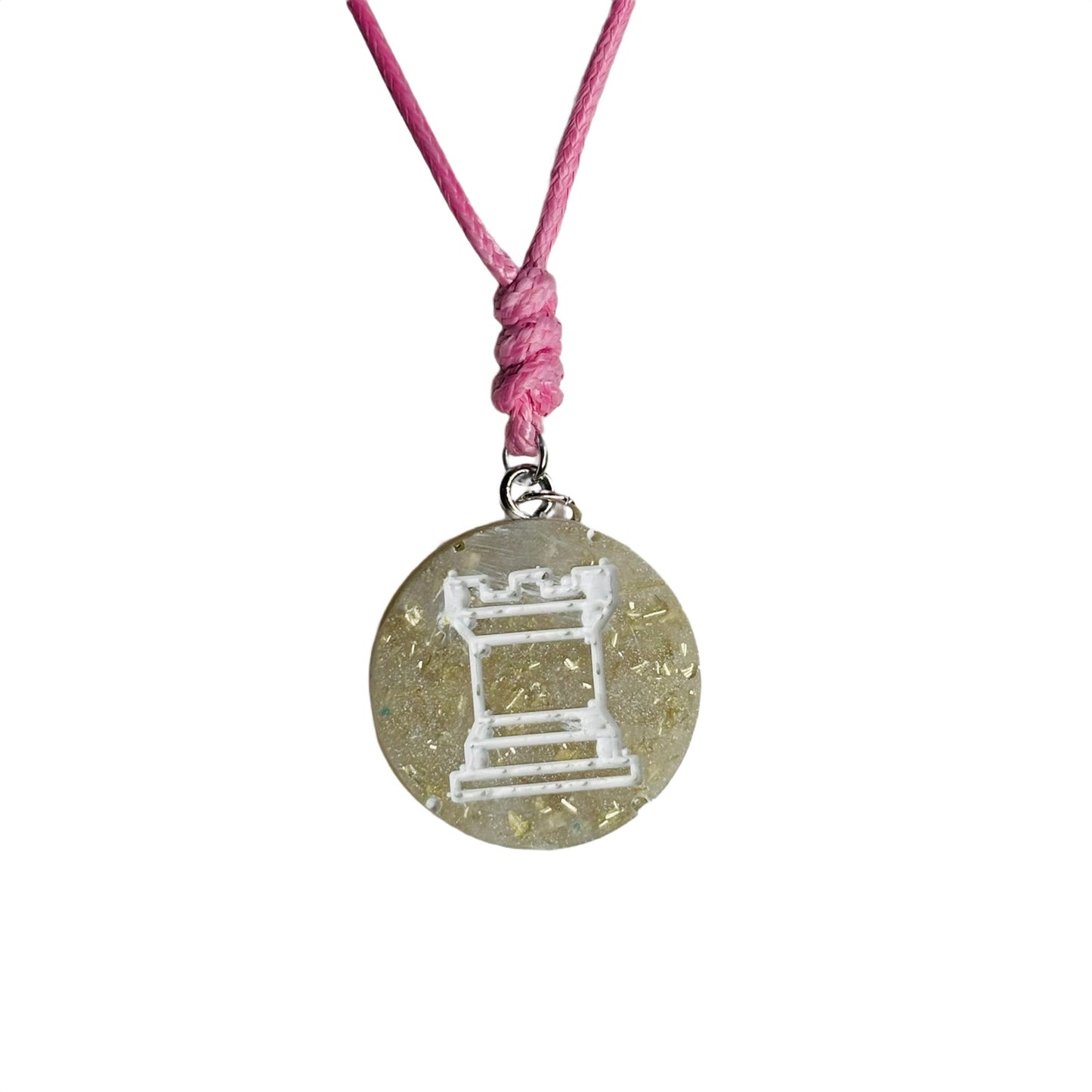 Pink Crystal Rook - Handmade Resin Chess Necklace