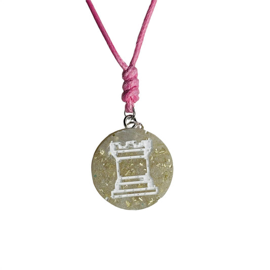 Pink Crystal Rook - Handmade Resin Chess Necklace