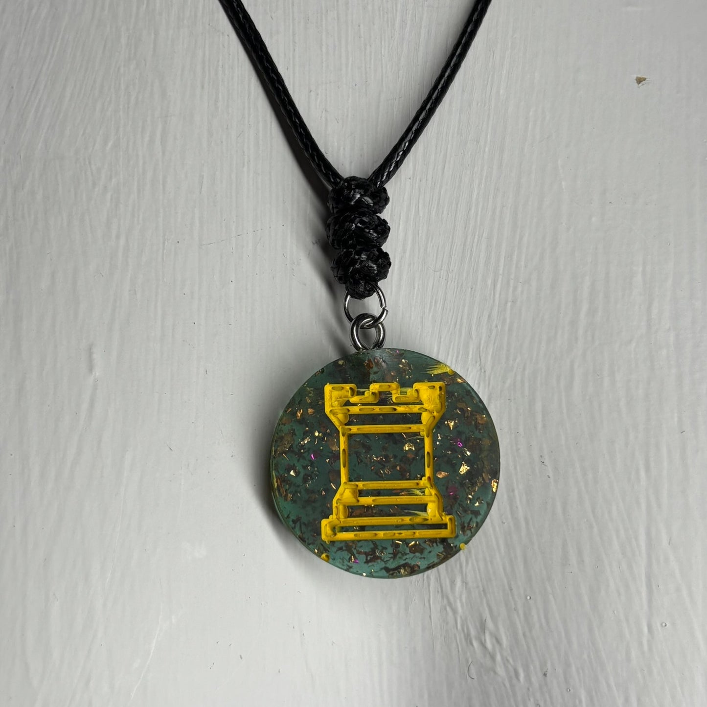 Forest Green Crystal Rook - Handmade Resin Chess Necklace