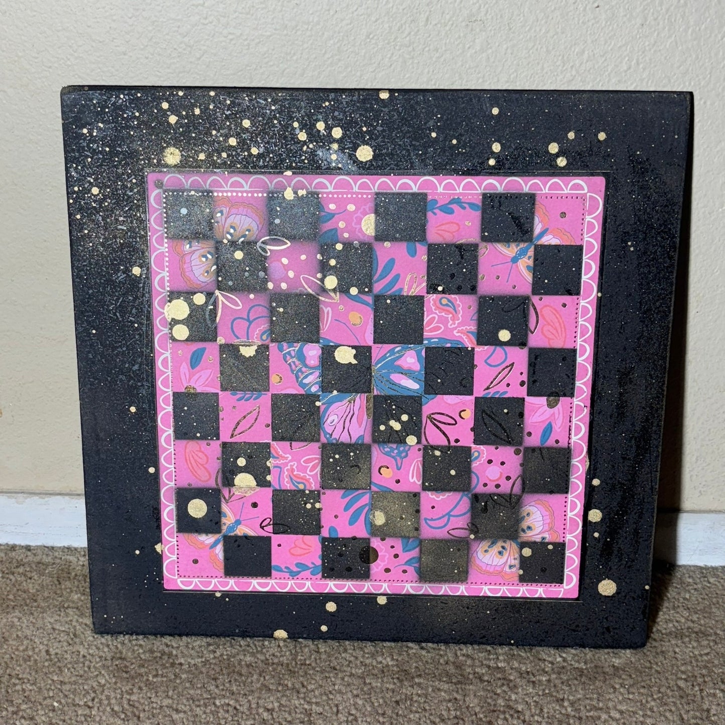 Pink Butterfly Gold Drip - Large Scrapbook Chess Board