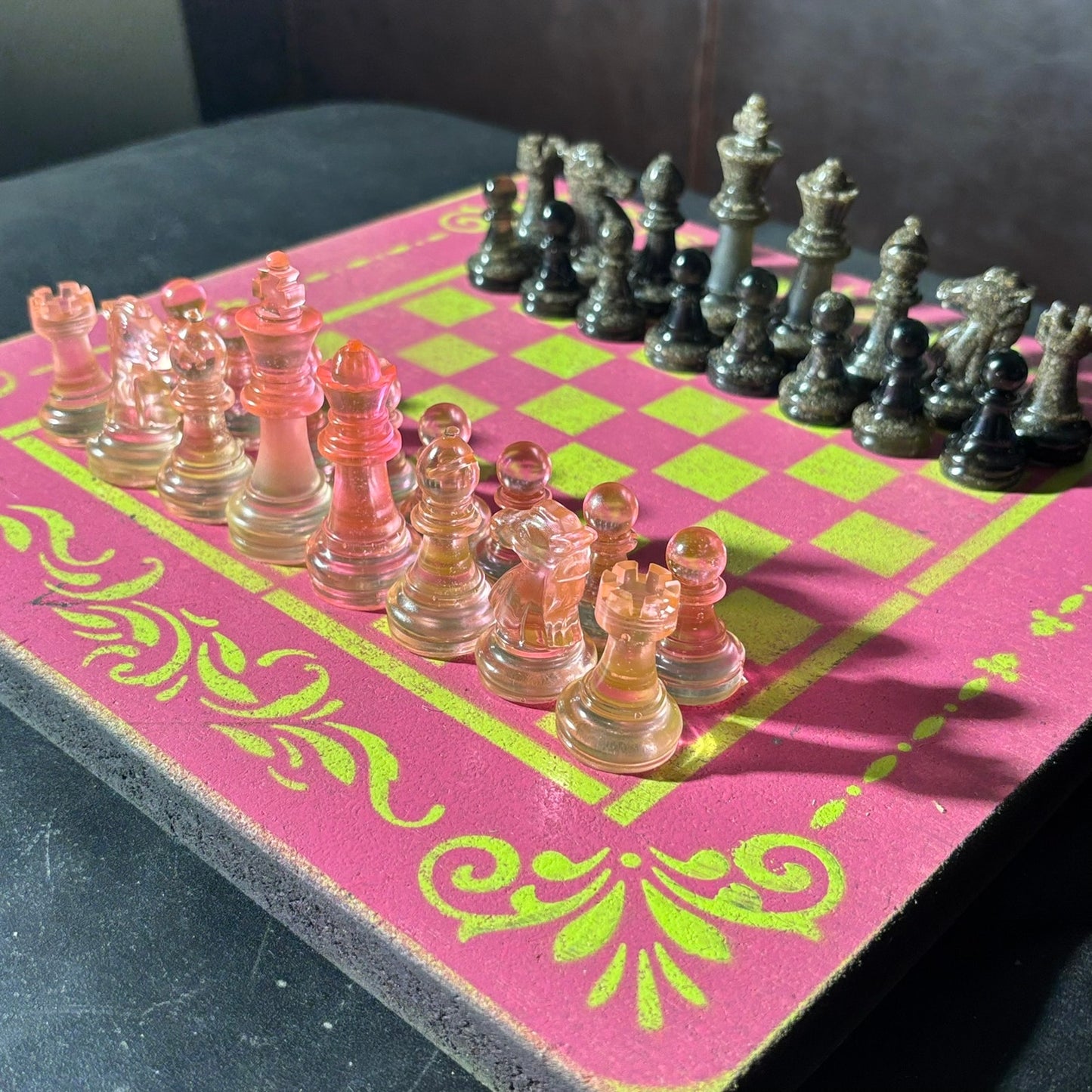 Neon Green Pink - Painted Chess Set