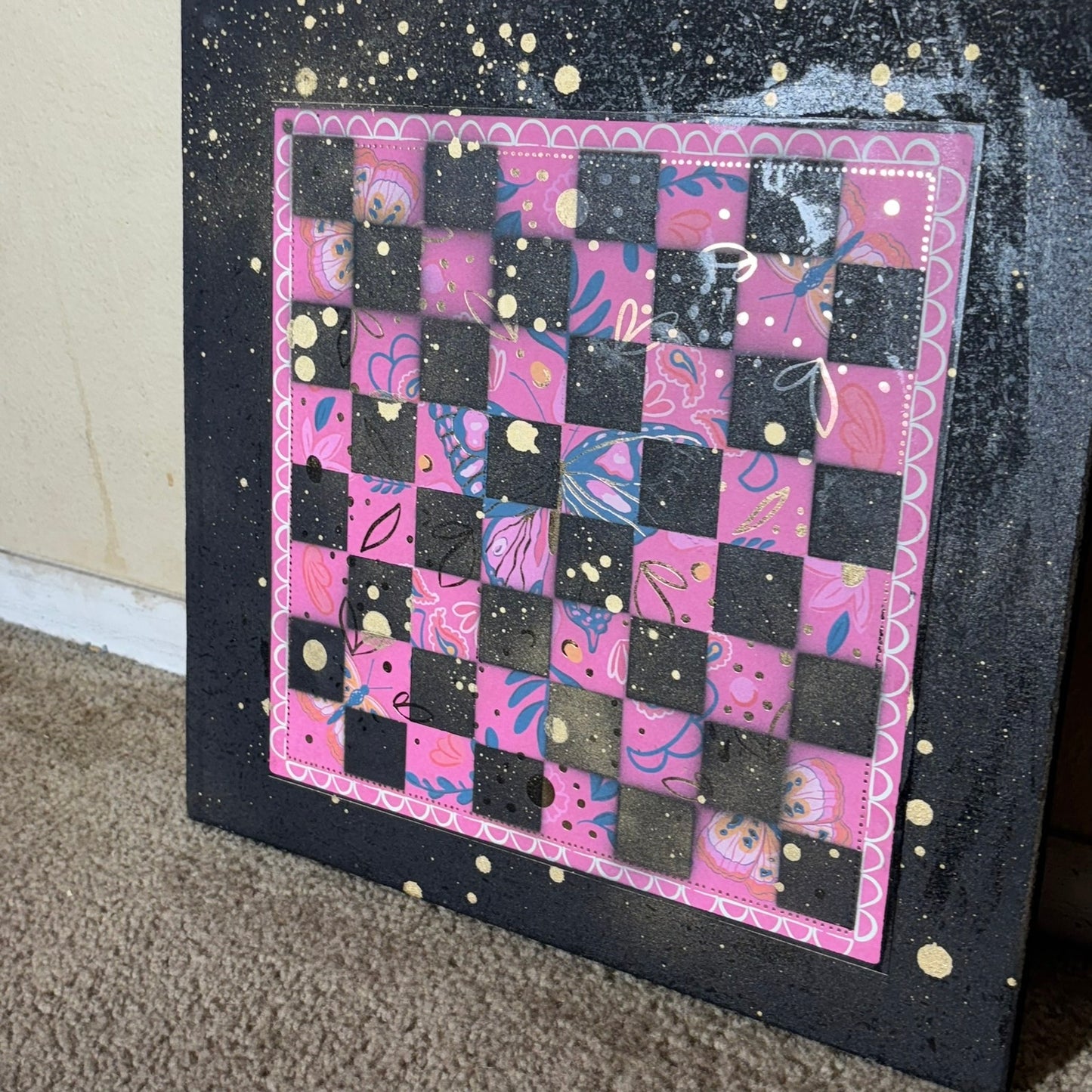 Pink Butterfly Gold Drip - Large Scrapbook Chess Board