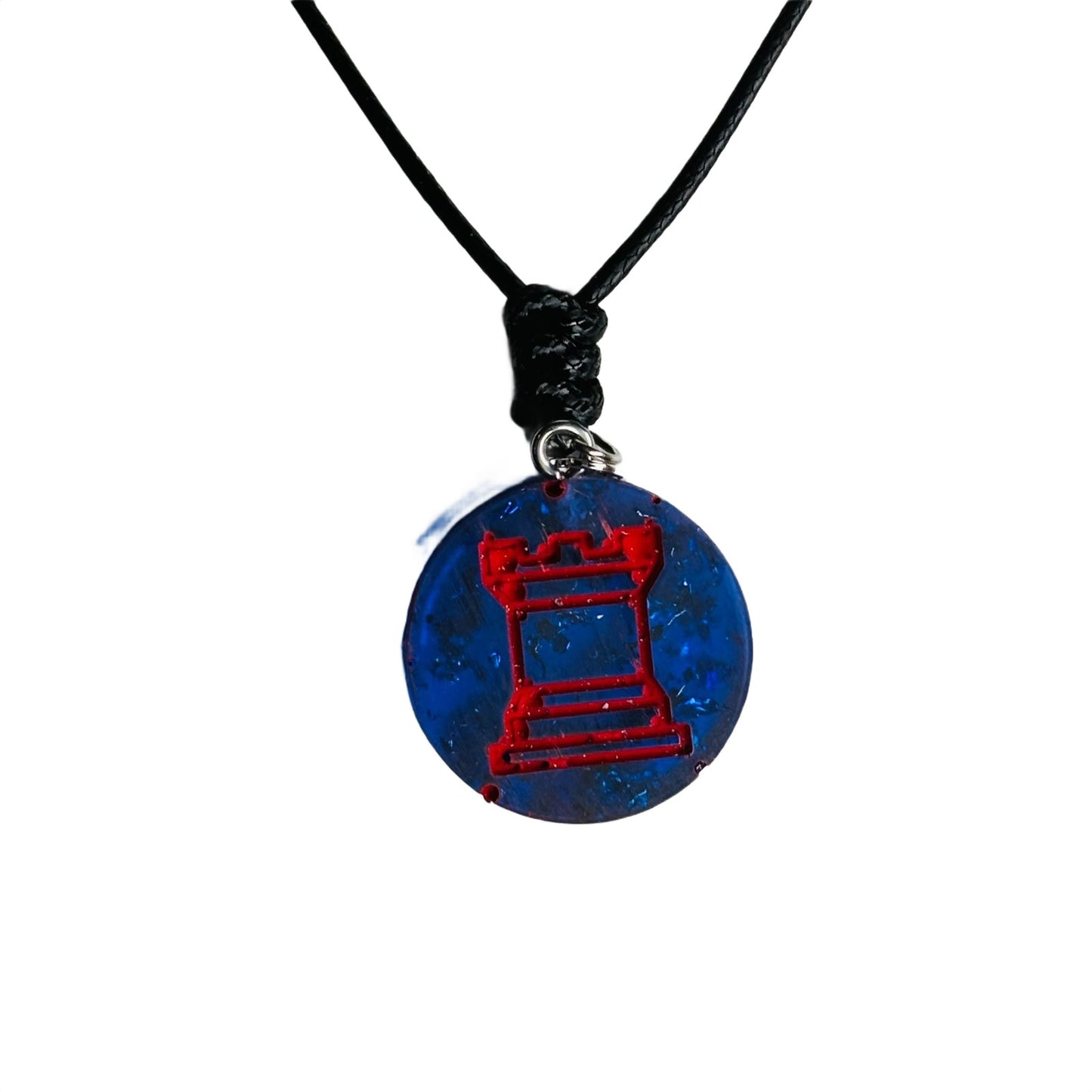 Blue & Red Rook - Handmade Resin Chess Necklace