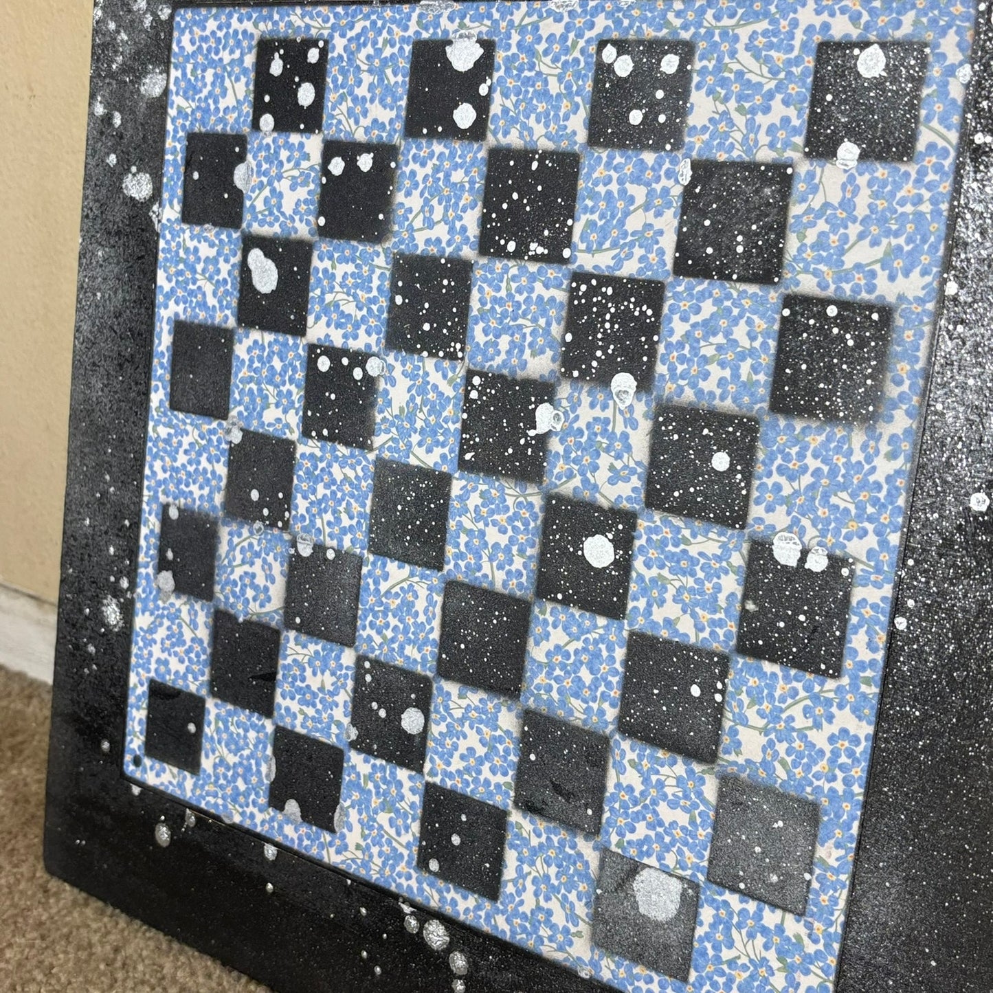 Blue Flower Chrome Drip - Large Scrapbook Chess Board