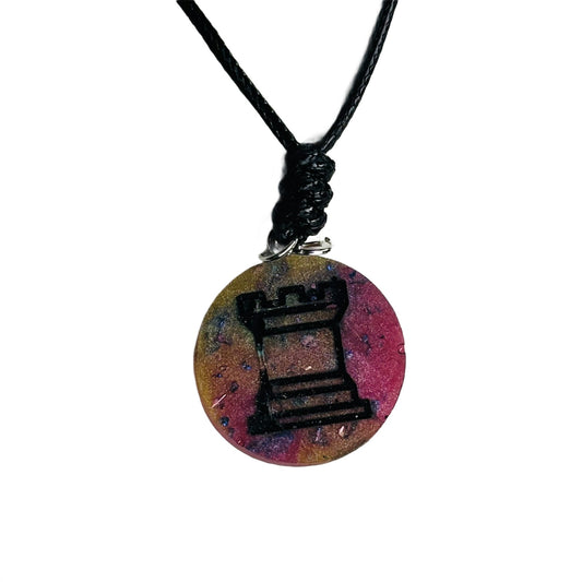 Crystal Pink Rook - Handmade Resin Chess Necklace