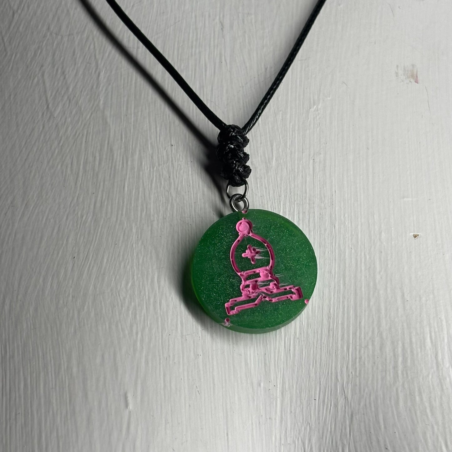 Green Pink Bishop - Handmade Resin Chess Necklace