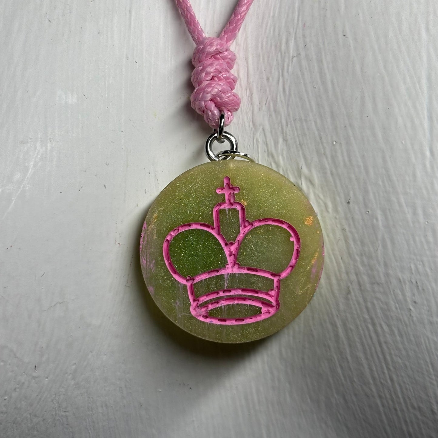 Pink Lime Green King - Handmade Resin Chess Necklace