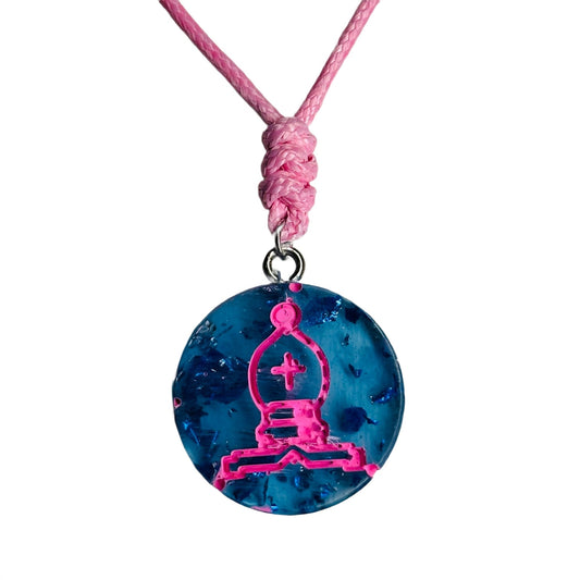 Vibrant Pink & Blue Bishop - Handmade Resin Chess Necklace