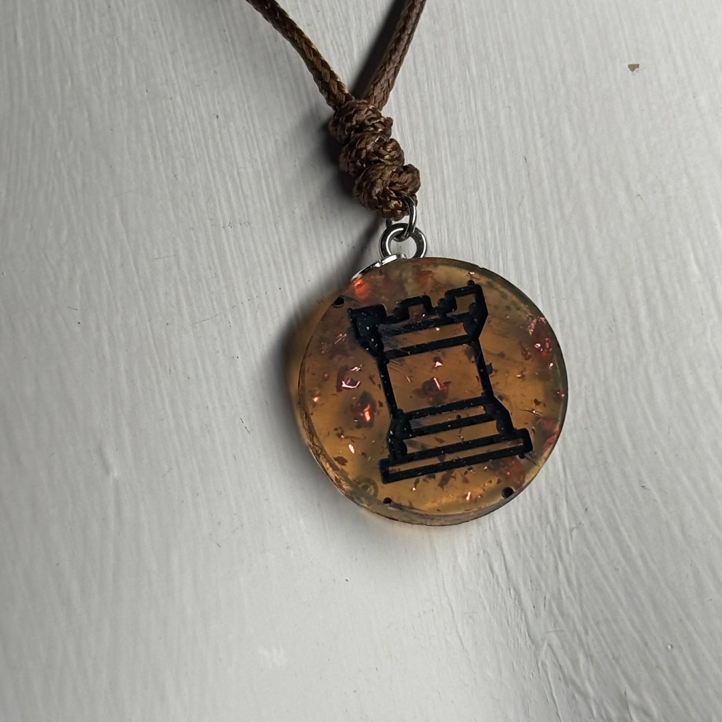 Coffee Amber Rook - Handmade Resin Chess Necklace