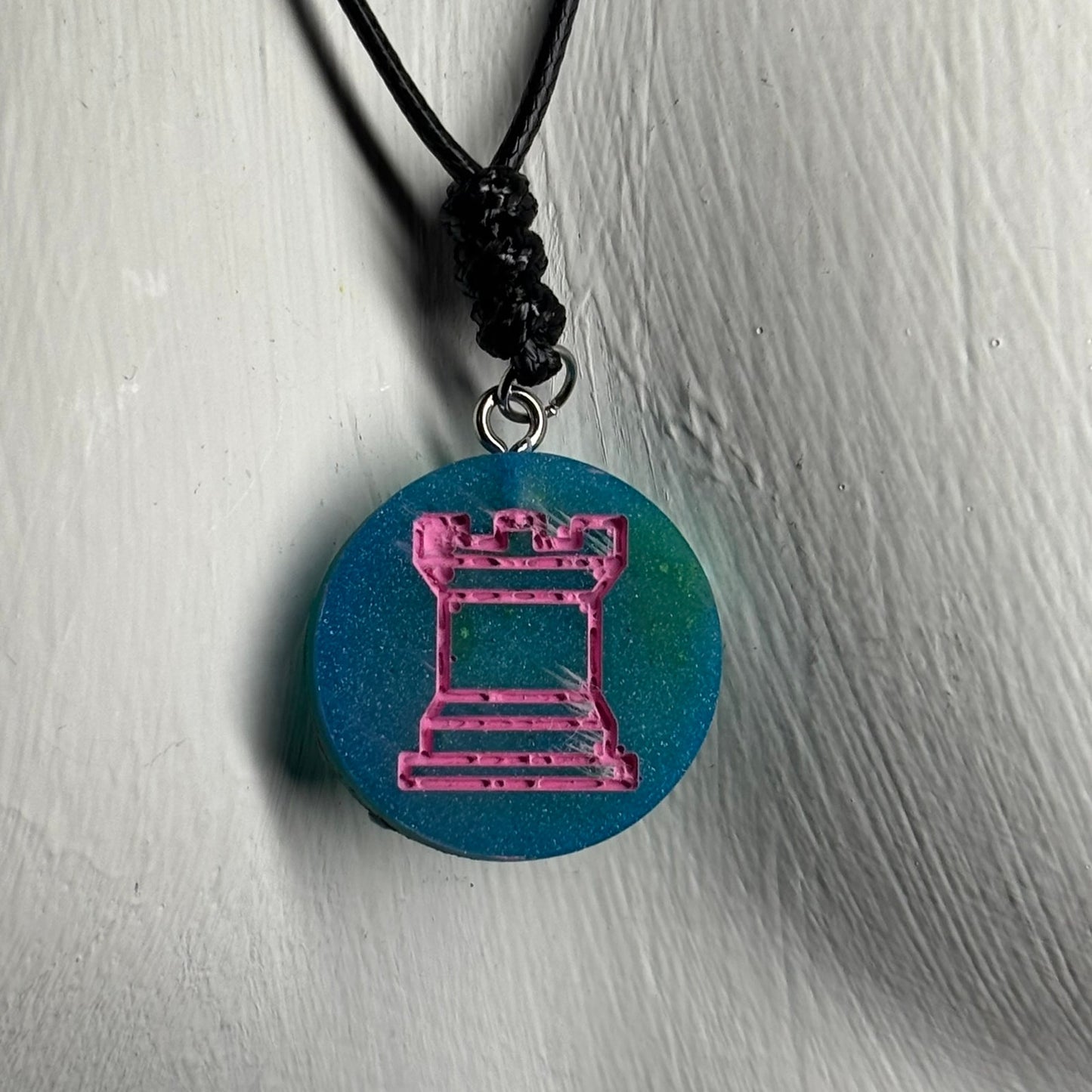 Blue/Pink Rook - Handmade Resin Chess Necklace