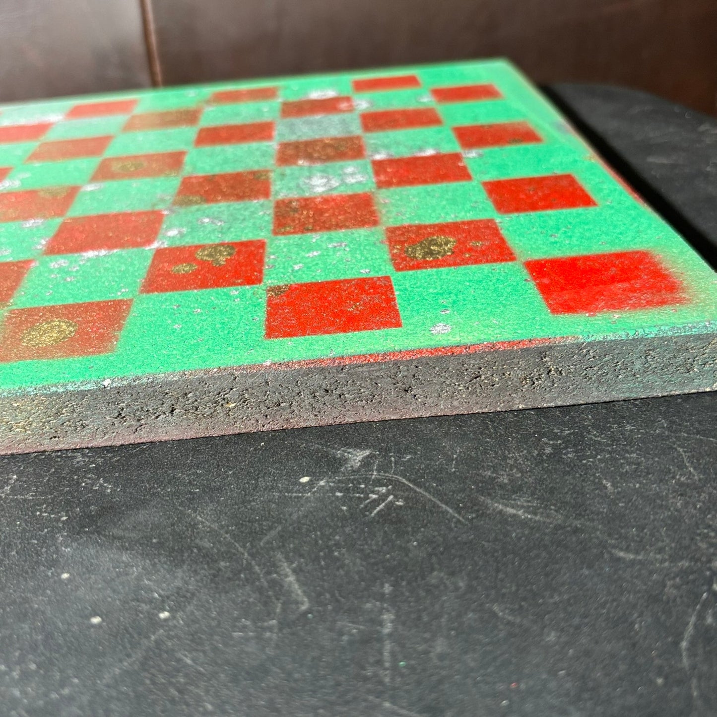 Splattered Green & Red - Painted Chess Board