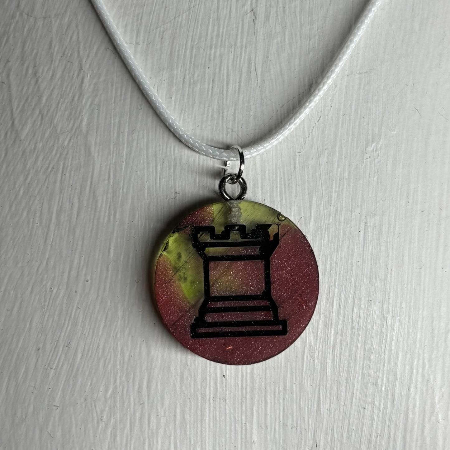 Red & Green Rook - Handmade Resin Chess Necklace