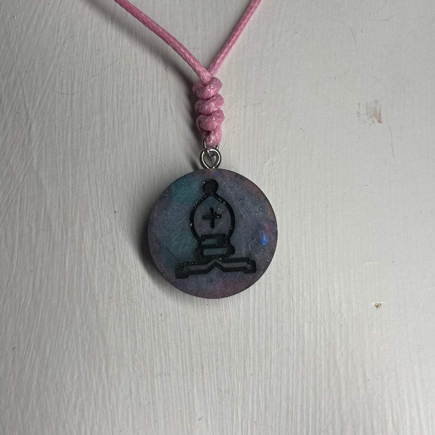 Blue Pink Bishop - Handmade Resin Chess Necklace