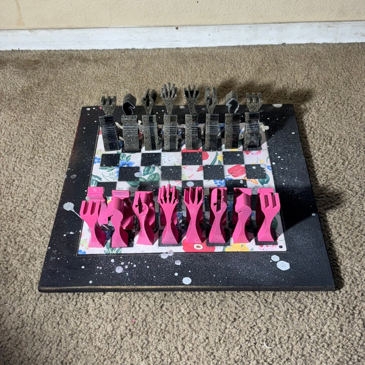 Pink Flowered Pattern - Large Deluxe Chess Set