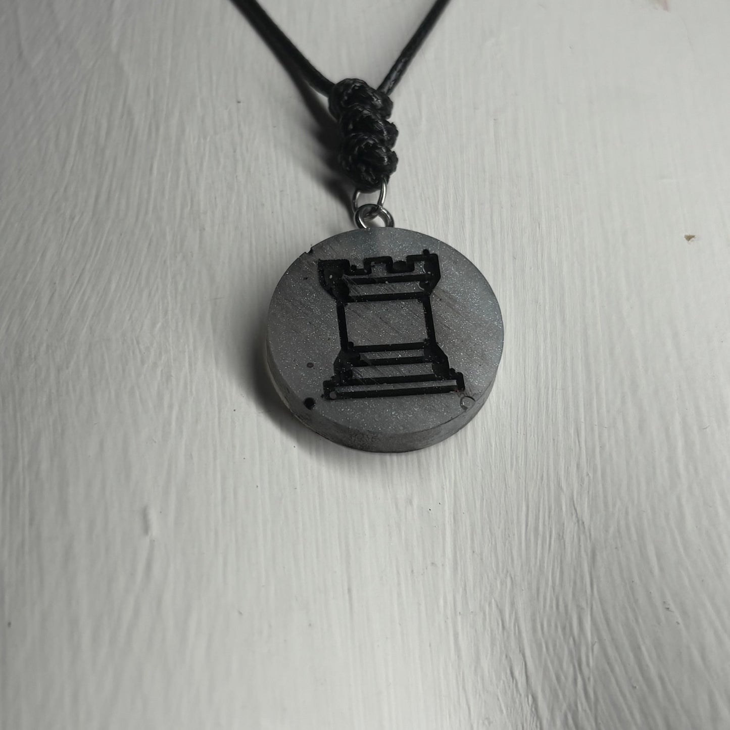 Dark Silver Rook - Handmade Resin Chess Necklace
