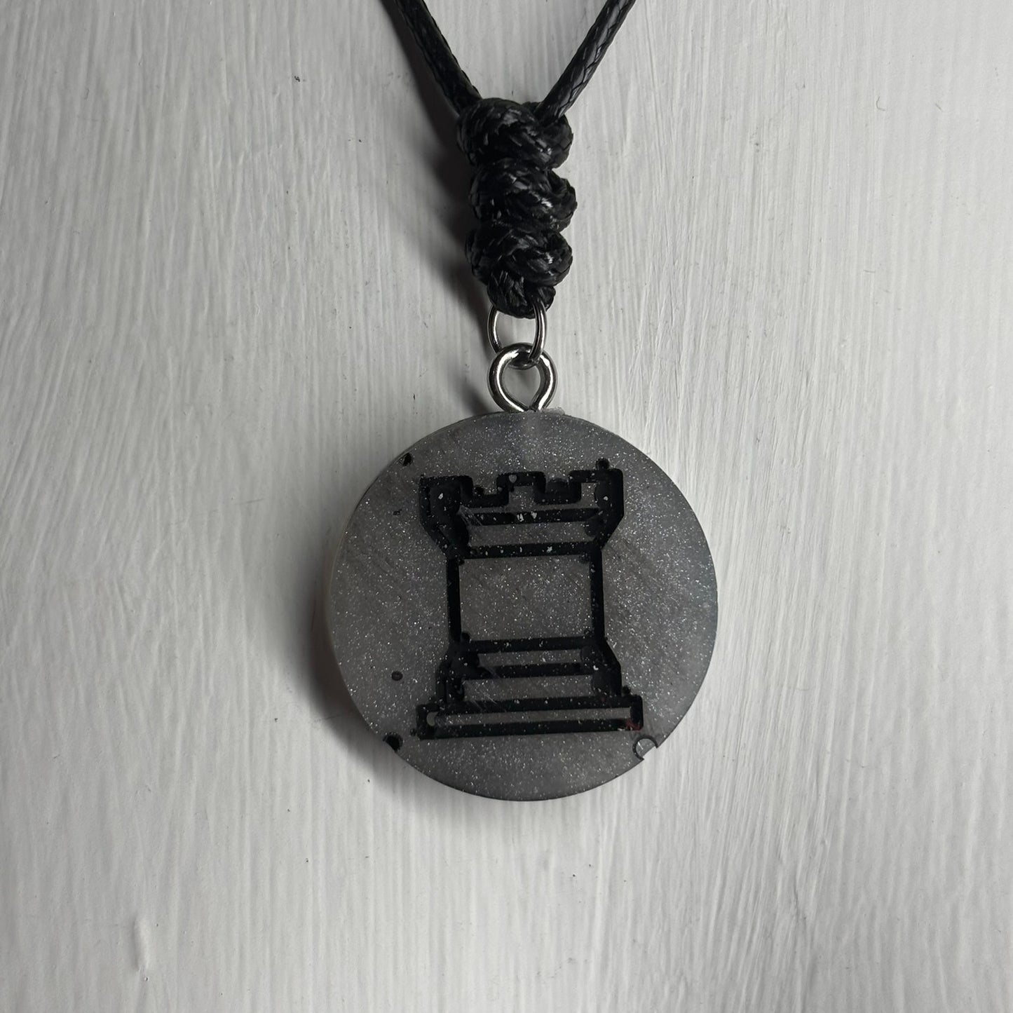 Dark Silver Rook - Handmade Resin Chess Necklace