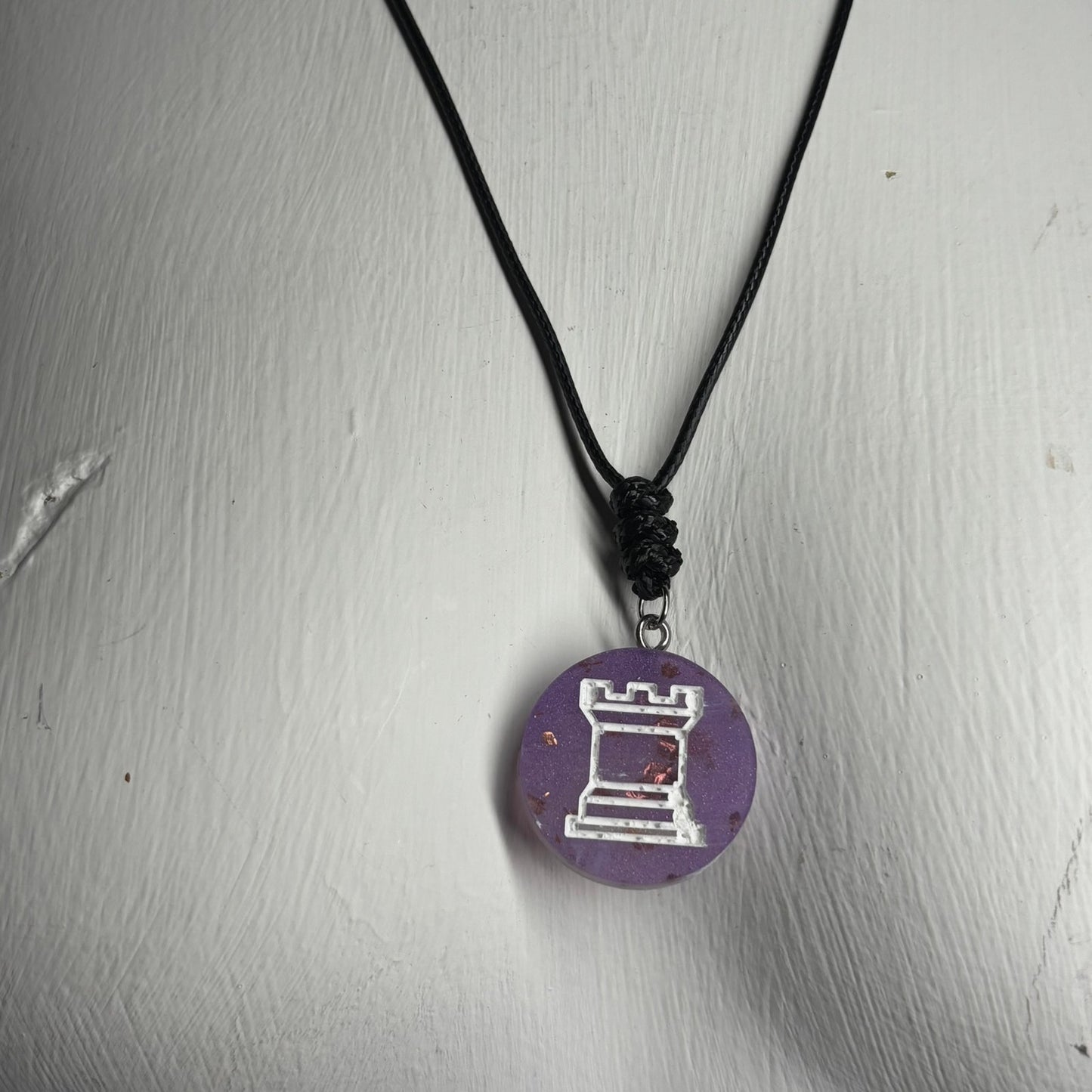 Purple Crystal Rook - Handmade Resin Chess Necklace - Flat Edition