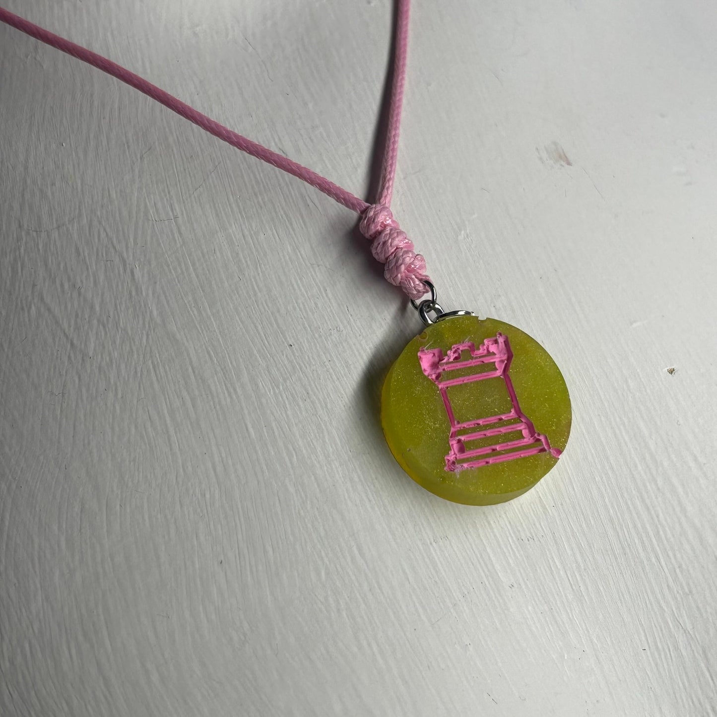 Pink Green Rook - Handmade Resin Chess Necklace