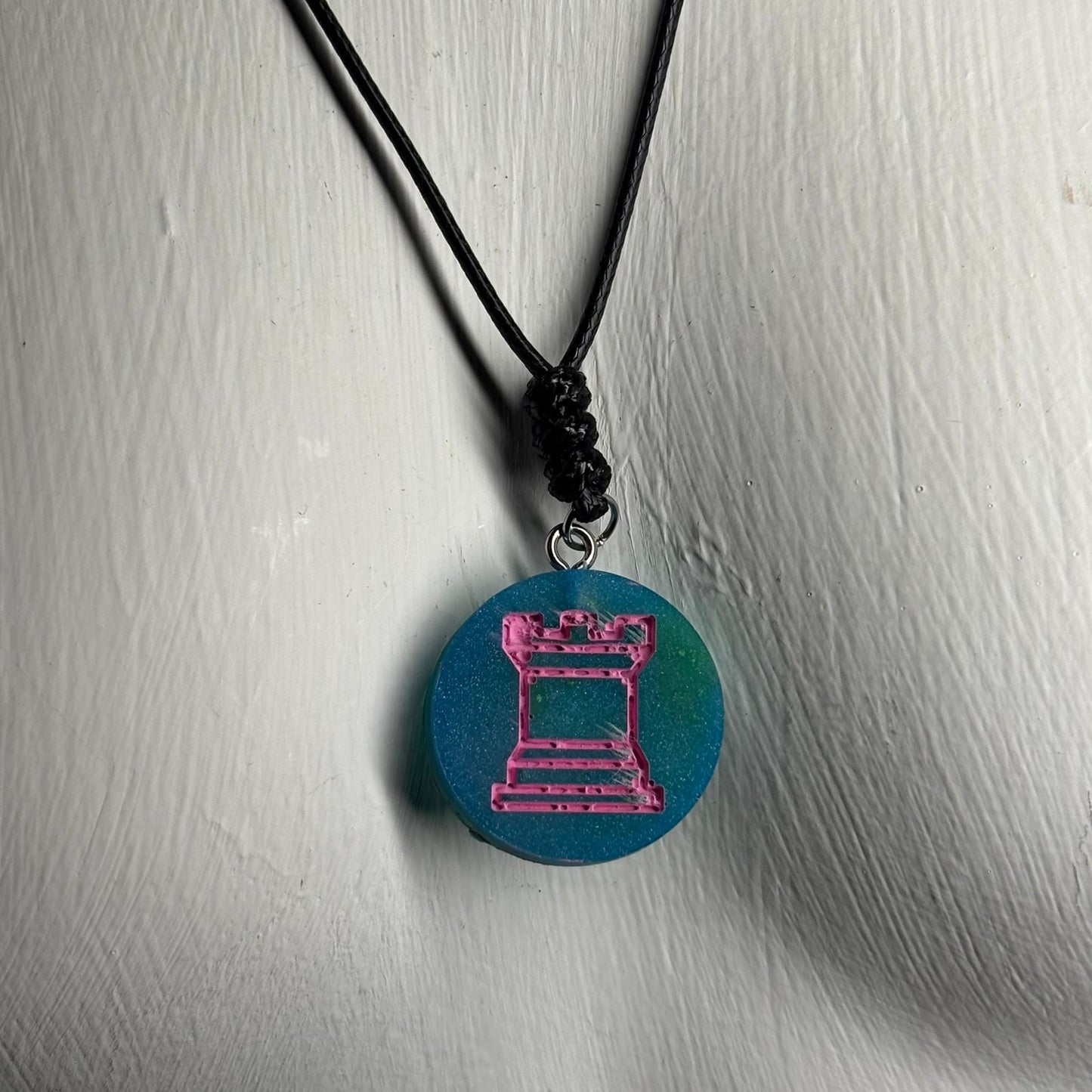 Blue/Pink Rook - Handmade Resin Chess Necklace