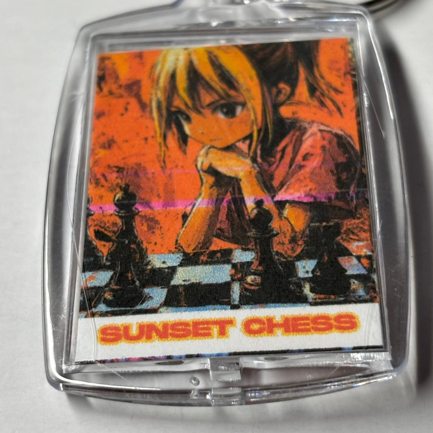 Anime Girl Ponders - Sunset Chess Photo Keychain
