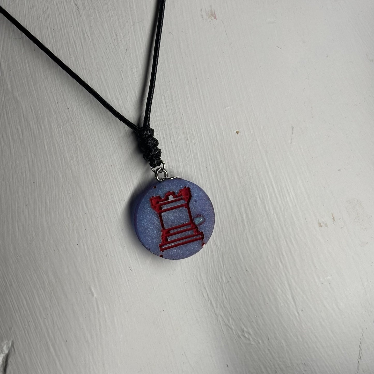 Blue & Red Rook - Handmade Resin Chess Necklace