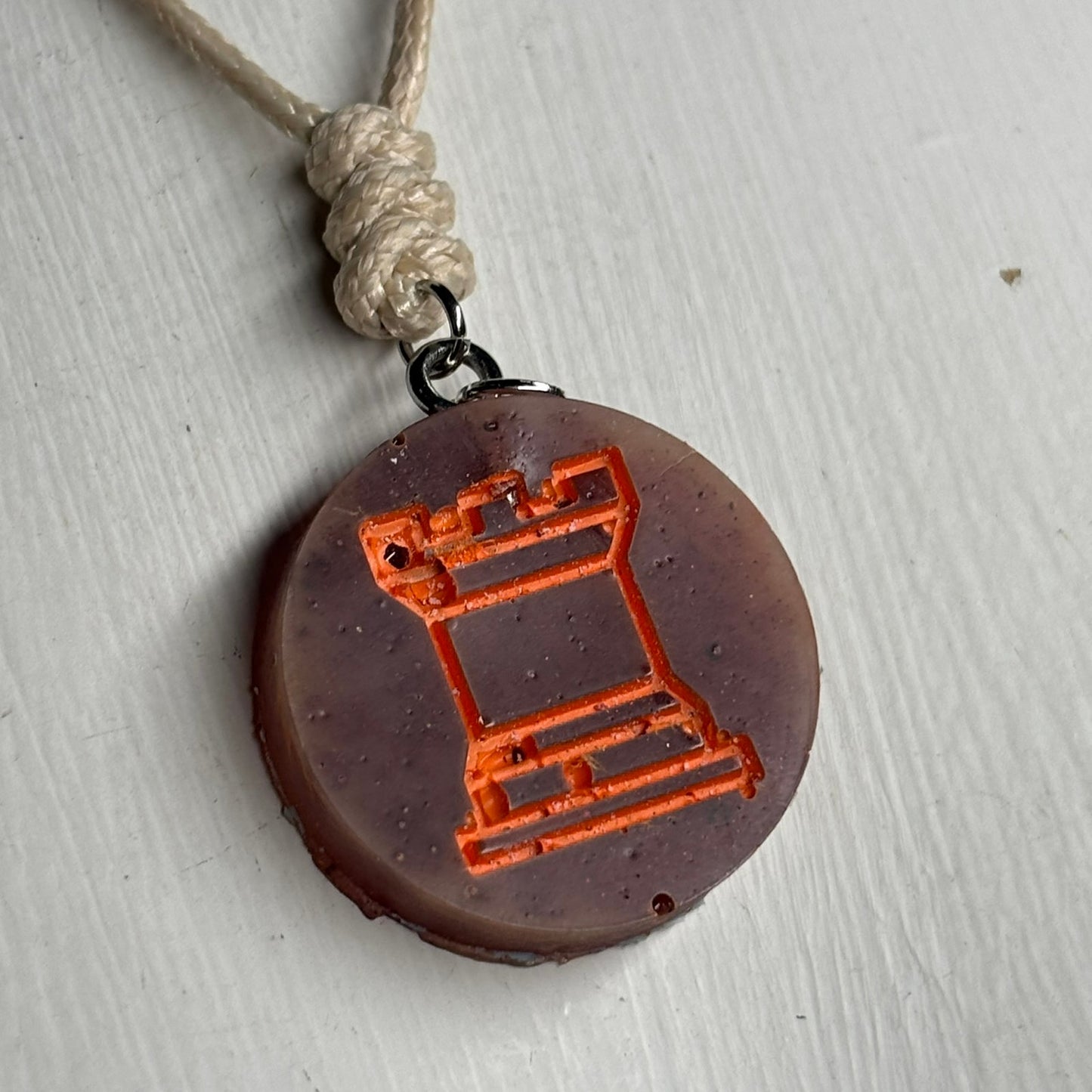Vintage Orange Print Rook - Handmade Resin Chess Necklace