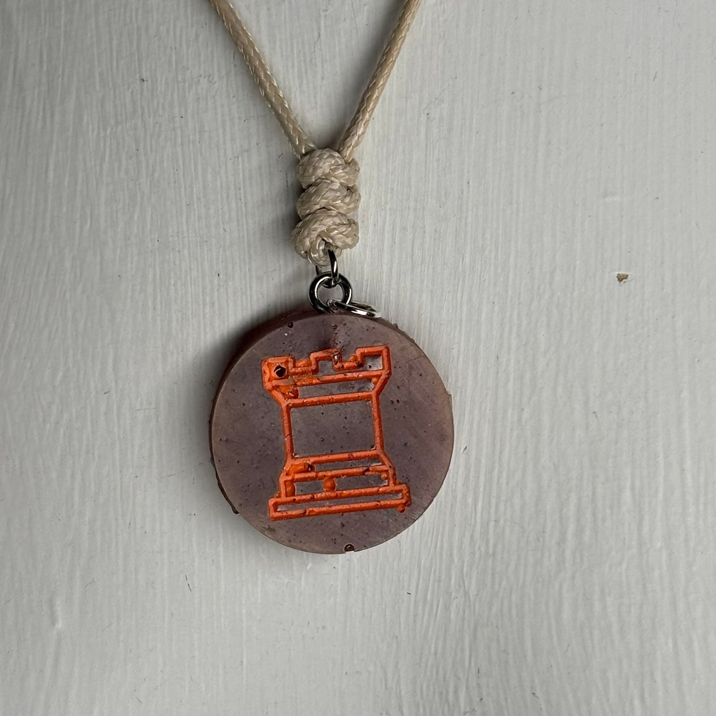Vintage Orange Print Rook - Handmade Resin Chess Necklace