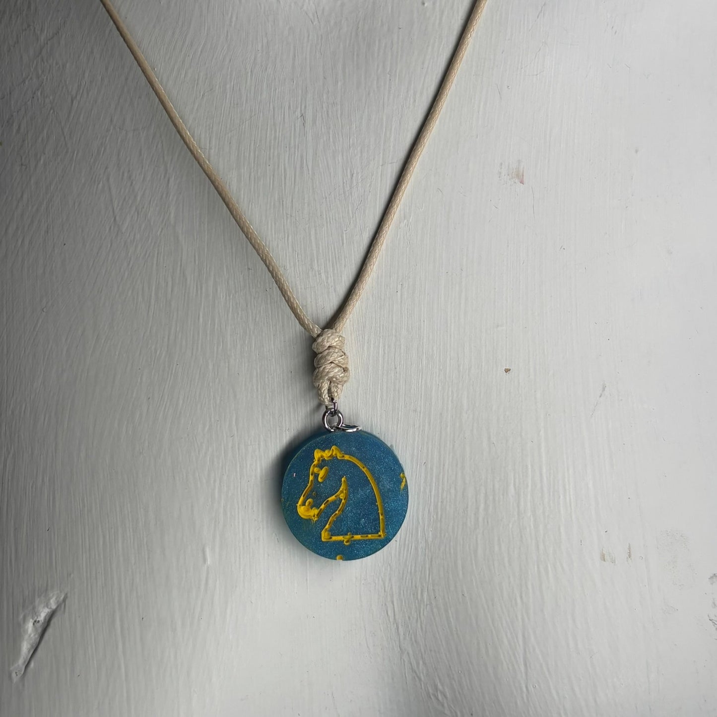 Cream Blue Knight - Handmade Resin Chess Necklace