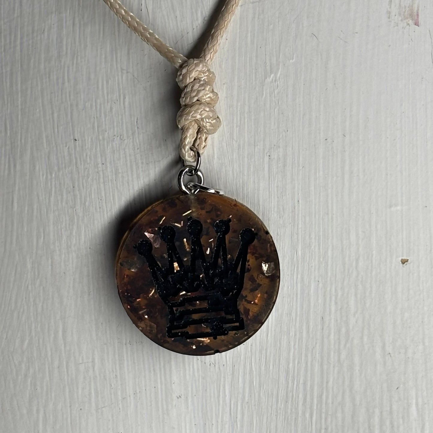 Dark Amber Vintage Queen - Handmade Resin Chess Necklace