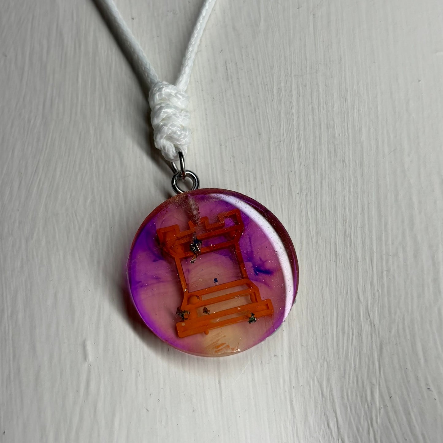 Purple Orange Swirl Rook - Handmade Resin Chess Necklace