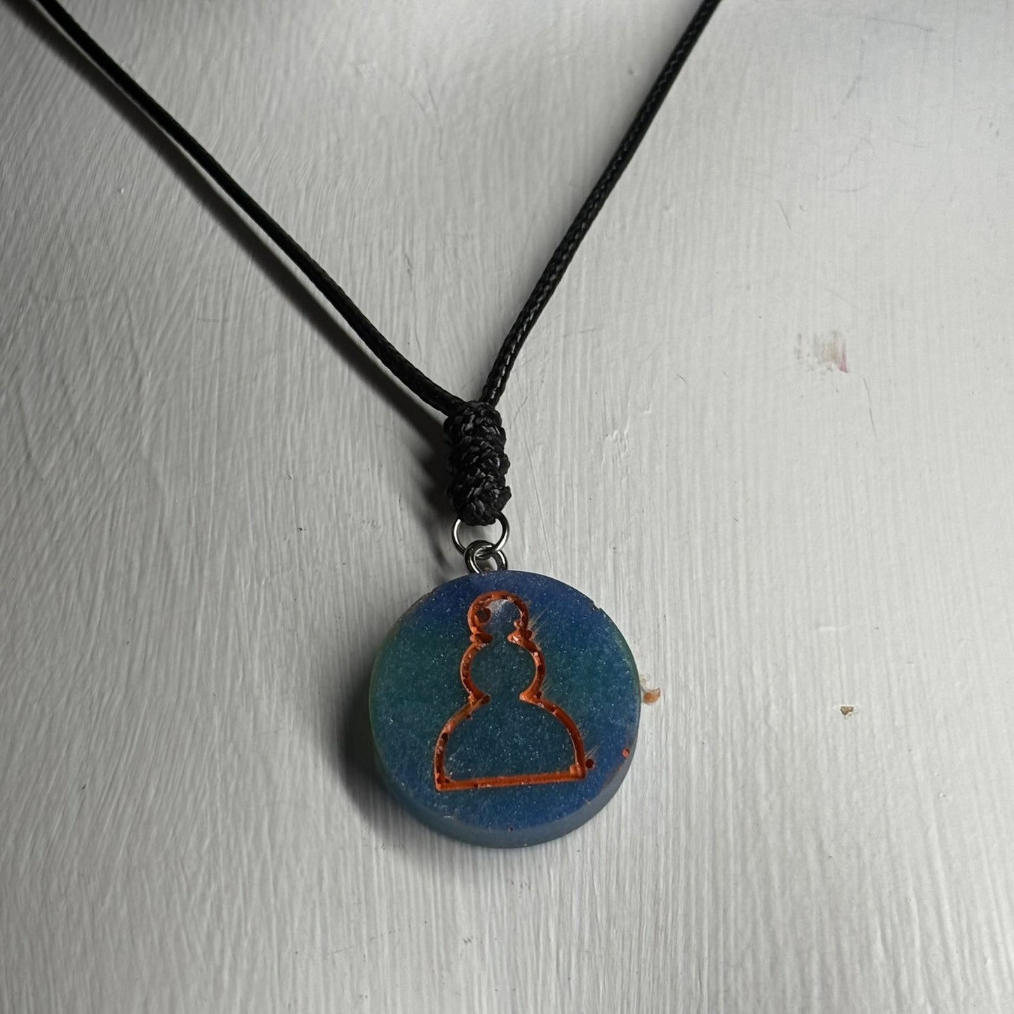Vintage Blue & Orange Pawn - Handmade Resin Chess Necklace