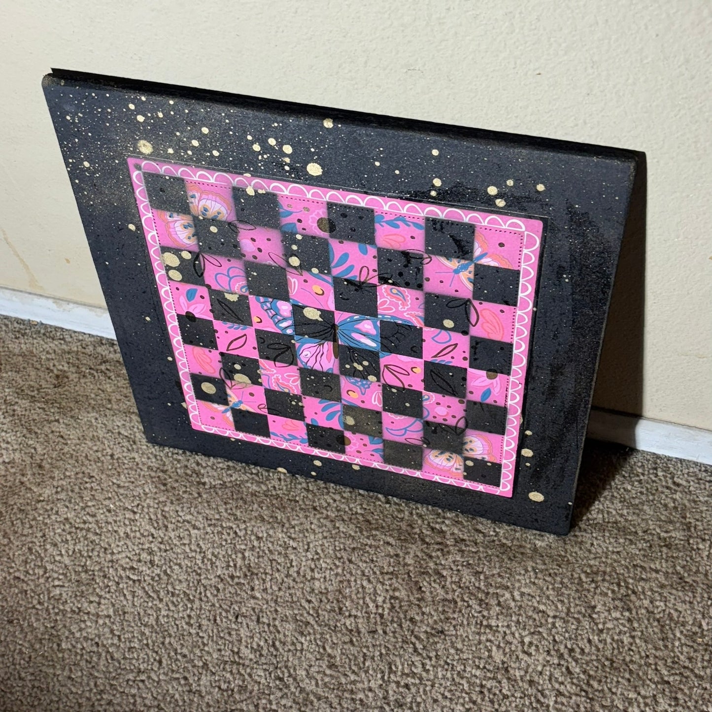Pink Butterfly Gold Drip - Large Scrapbook Chess Board