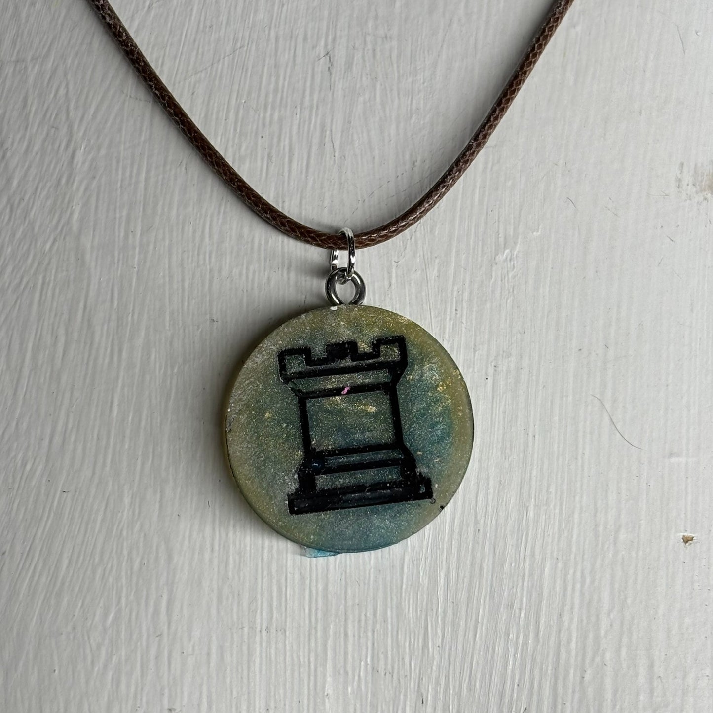 Green Blue Rook - Handmade Resin Chess Necklace