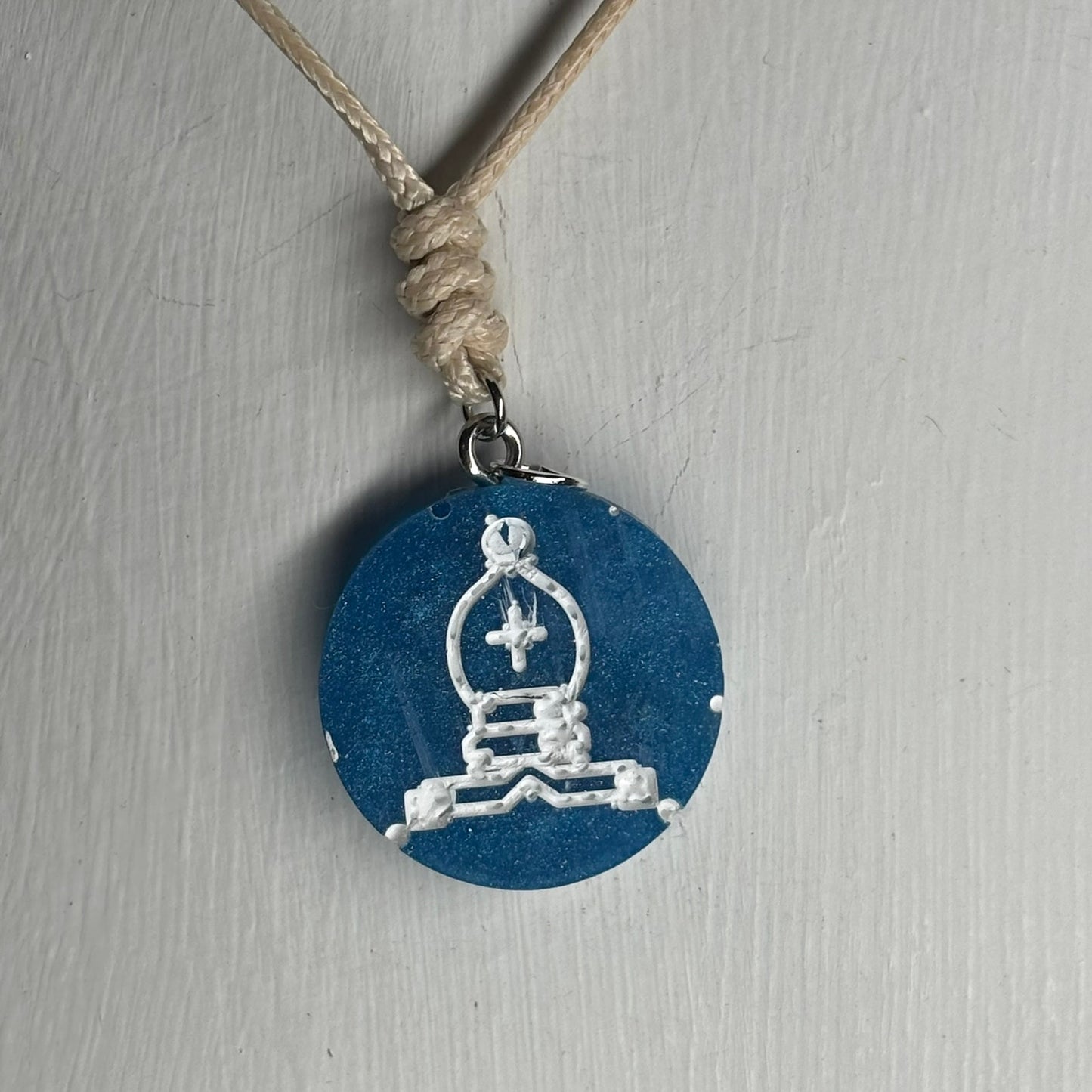 Cream Blue Bishop - Handmade Resin Chess Necklace