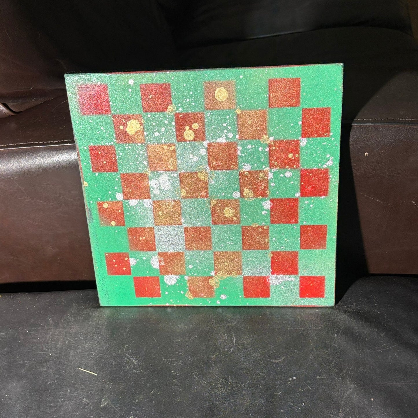 Splattered Green & Red - Painted Chess Board