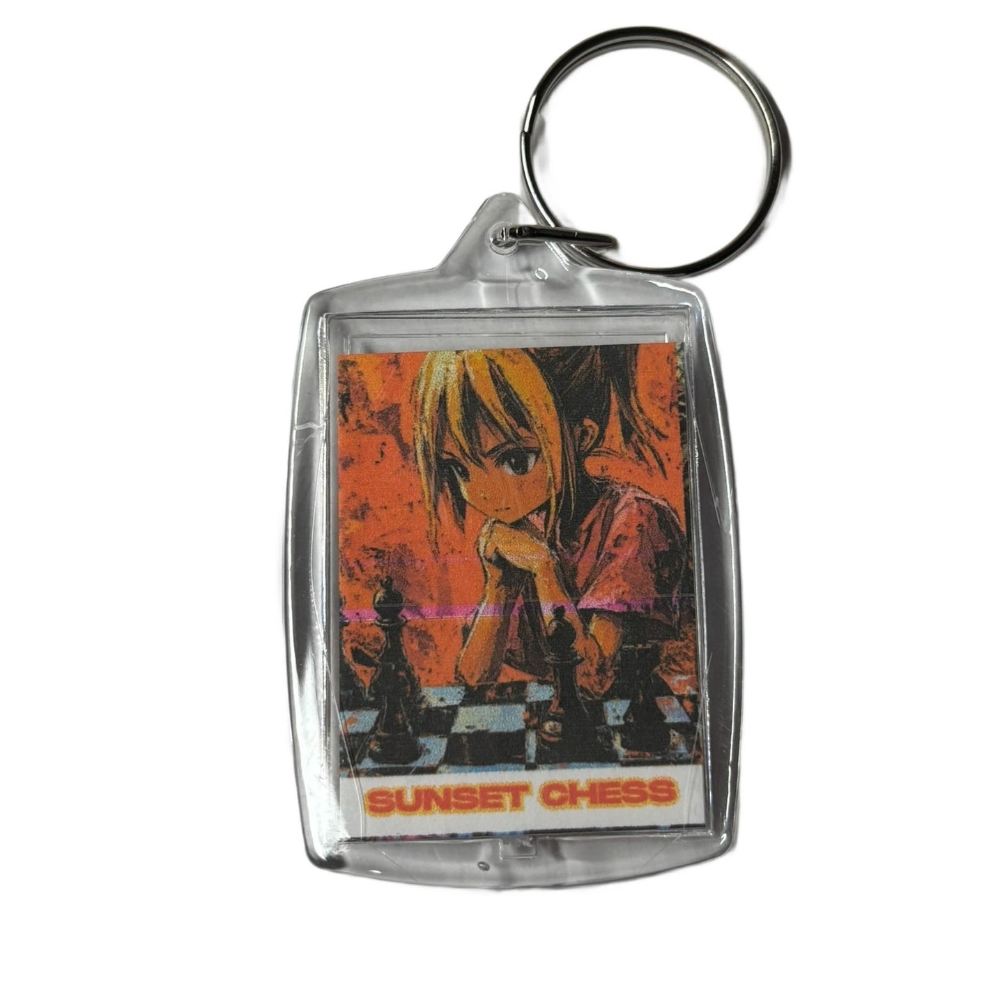 Anime Girl Ponders - Sunset Chess Photo Keychain