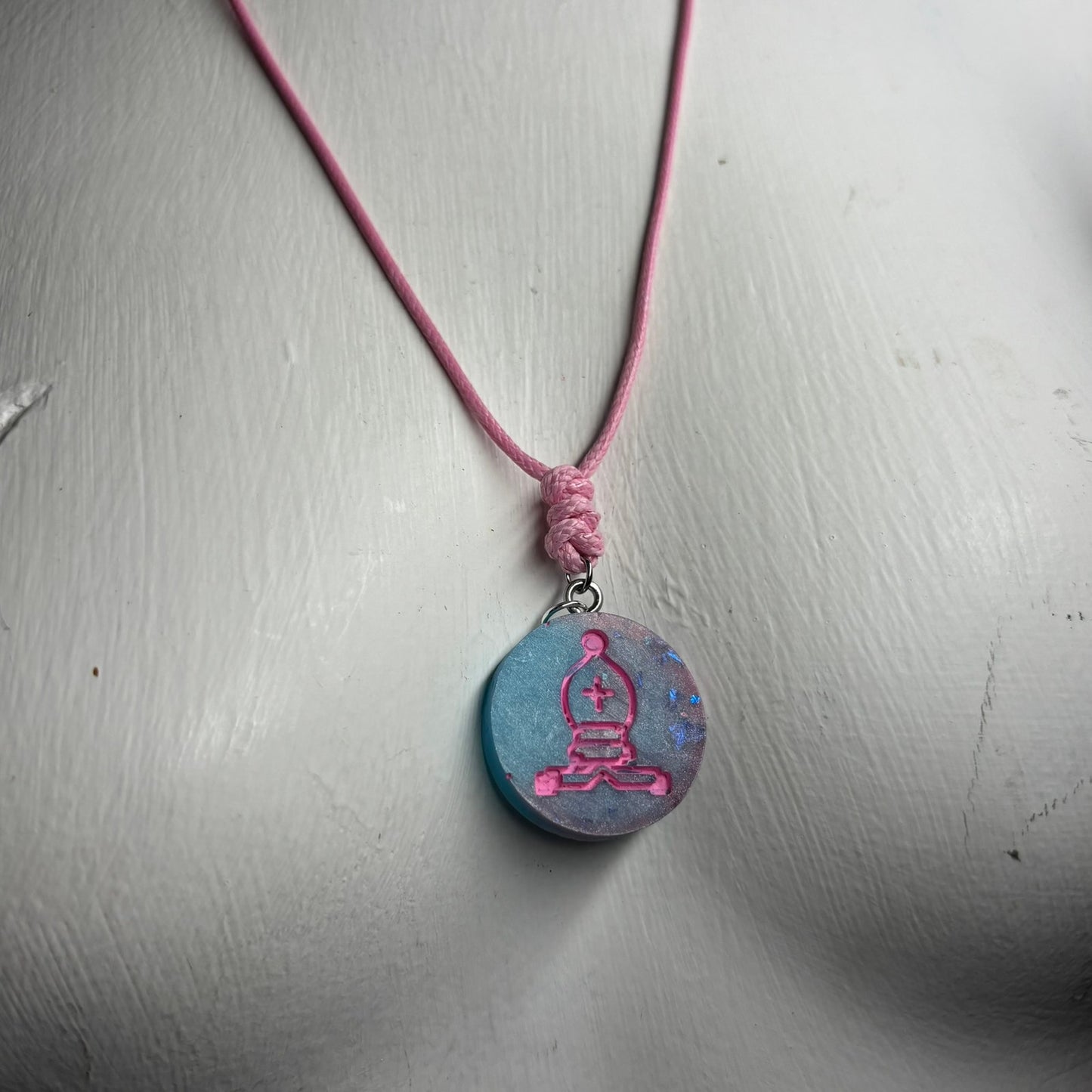 Pink & Blue Bishop - Handmade Resin Chess Necklace